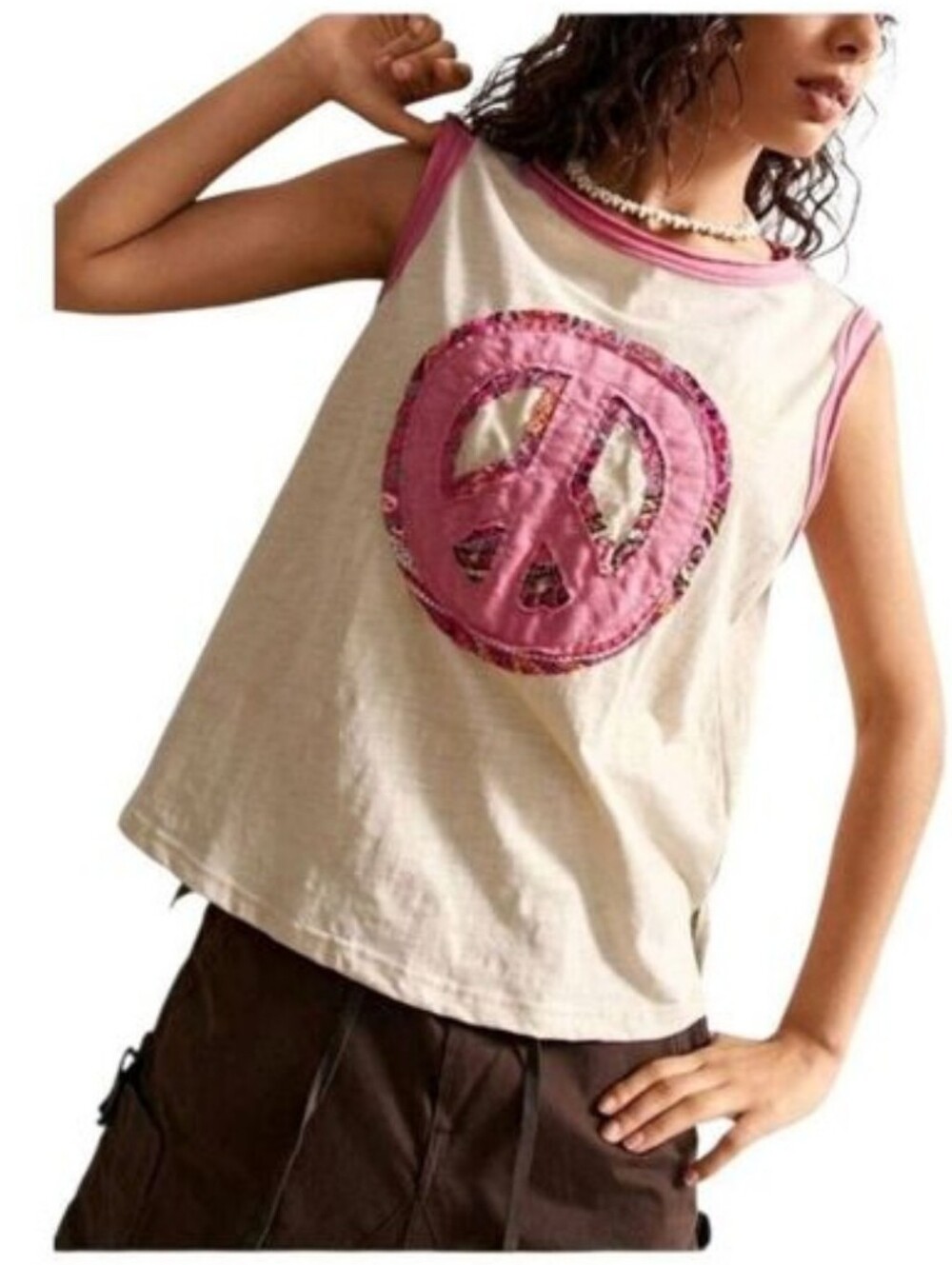 BOHO 100% Cotton Sleeveless Tank Top Beige Color Size XL